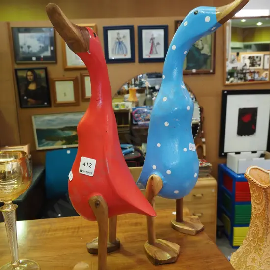 2x hand painted wooden duck figurines H-430