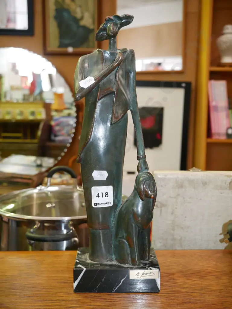 cast copper figurine - person with dog H-340 Image 1++