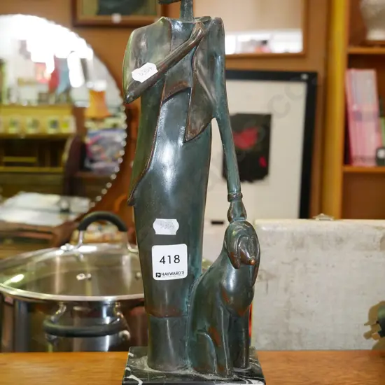 cast copper figurine - person with dog H-340