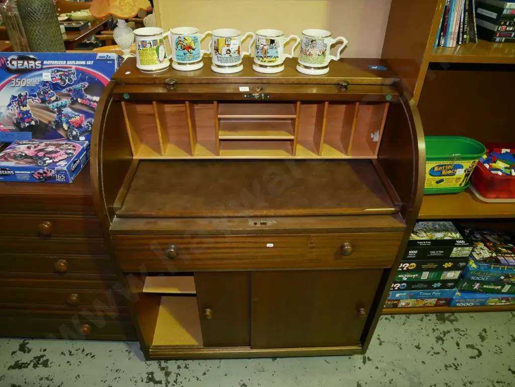 mdf and mahogany roll top desk with 1 drawers, 2 sliding doors Image 1++