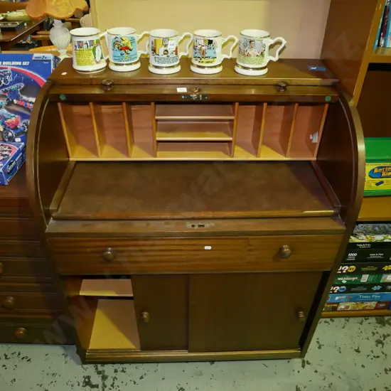mdf and mahogany roll top desk with 1 drawers, 2 sliding doors