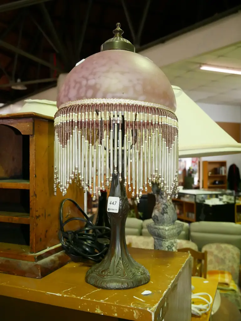 reproduction table lamp with mottled pink glass shade and lustres Image 1++