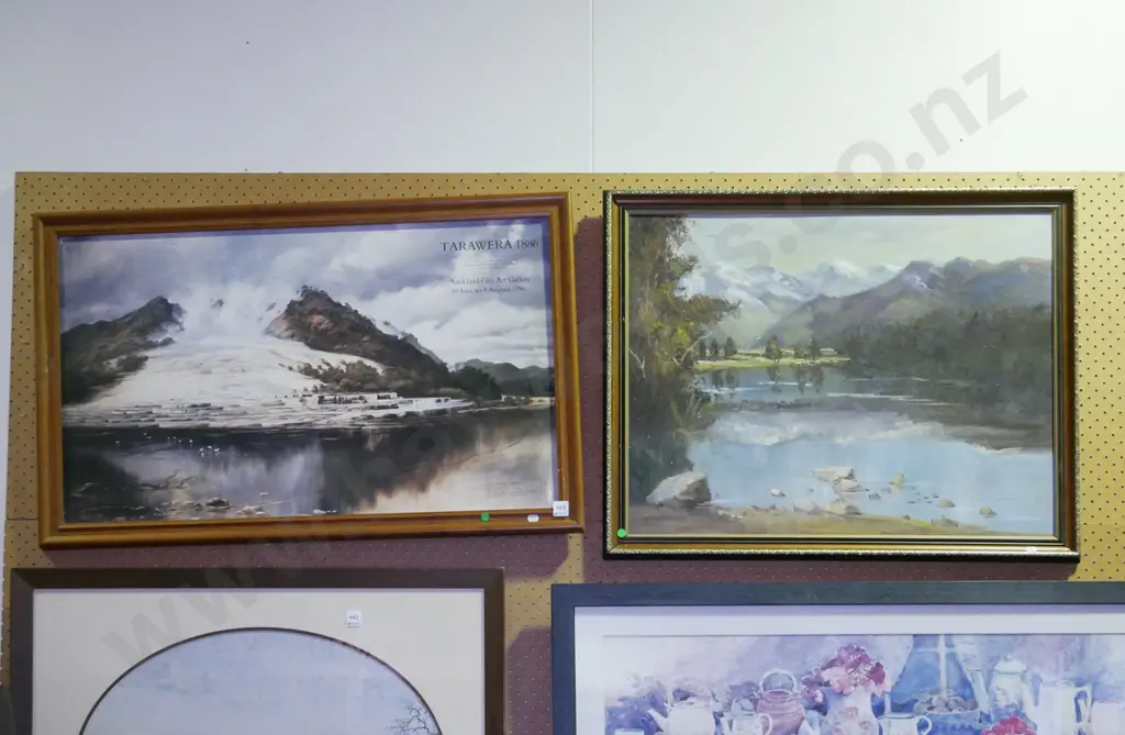 framed poster print - Tarawera, framed oil - lake and mountain scene - green dots Image 1++