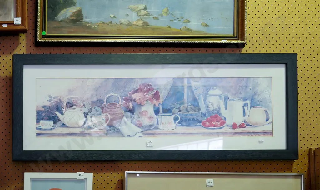framed watercolour- still life items on shelf Image 1++