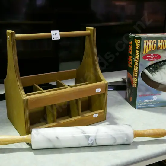 wooden beer crate with bottle opener, marble rolling pin