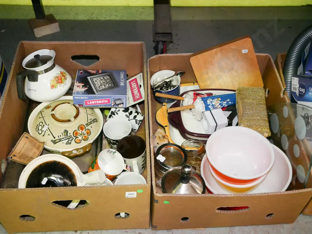 2 boxes; mixing bowls, teaspoons, coffee cups, baking dishes etc Image 1++