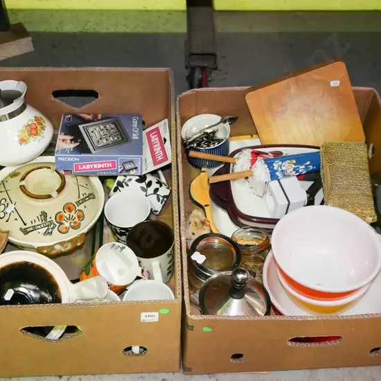 2 boxes; mixing bowls, teaspoons, coffee cups, baking dishes etc
