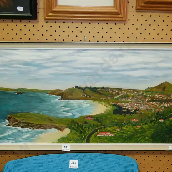 framed oil - sea, town and hill