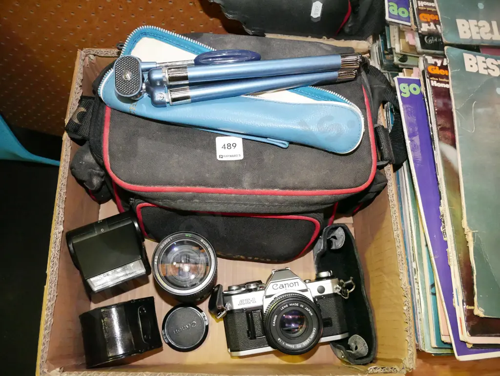 box; Canon Ae/1 film camera, lenses, flash, camera bag etc Image 1++