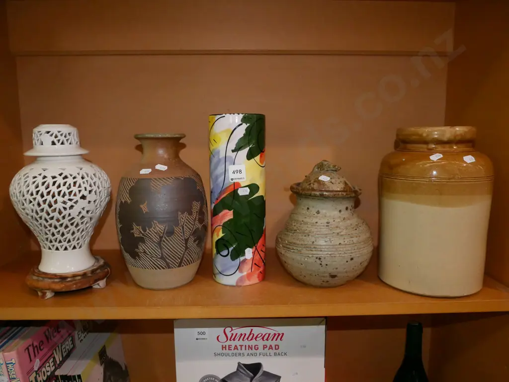 shelf; storage box, vases, studio pottery canister Image 1++