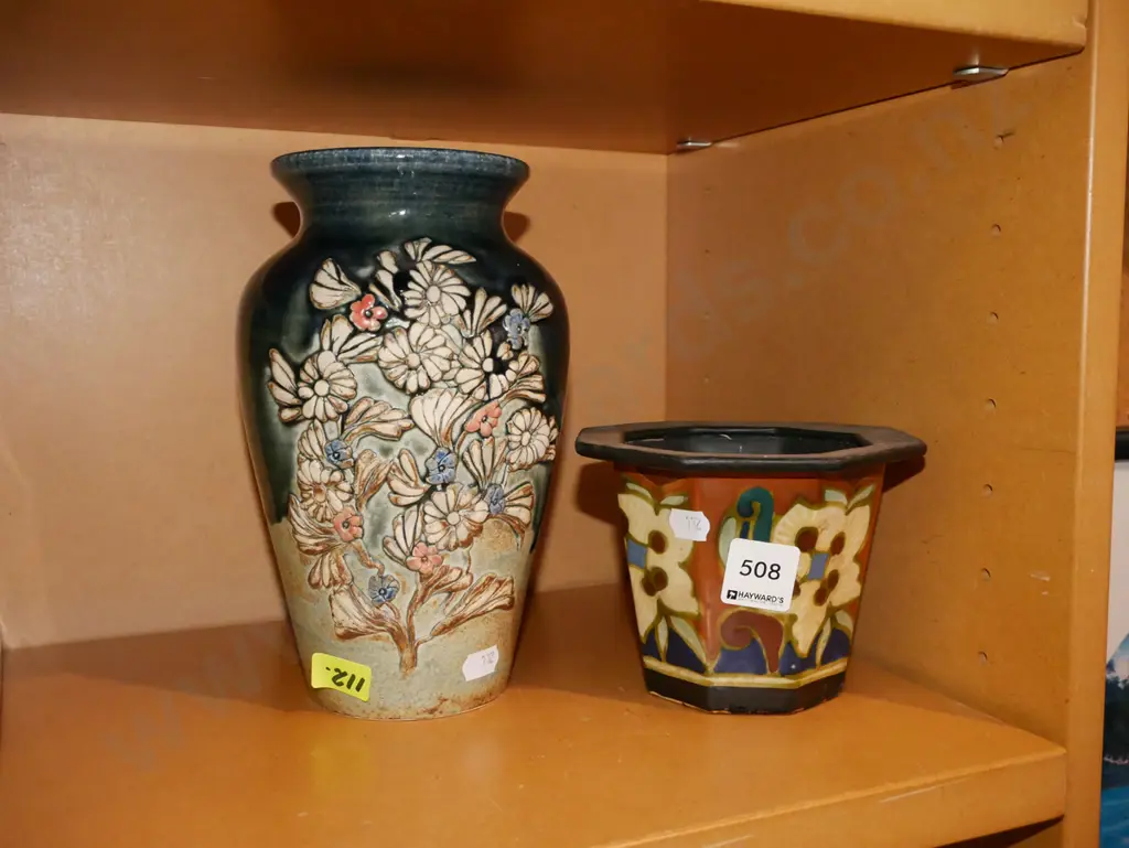 NZ studio pottery vase with flowers in relief, small floral planter Image 1++