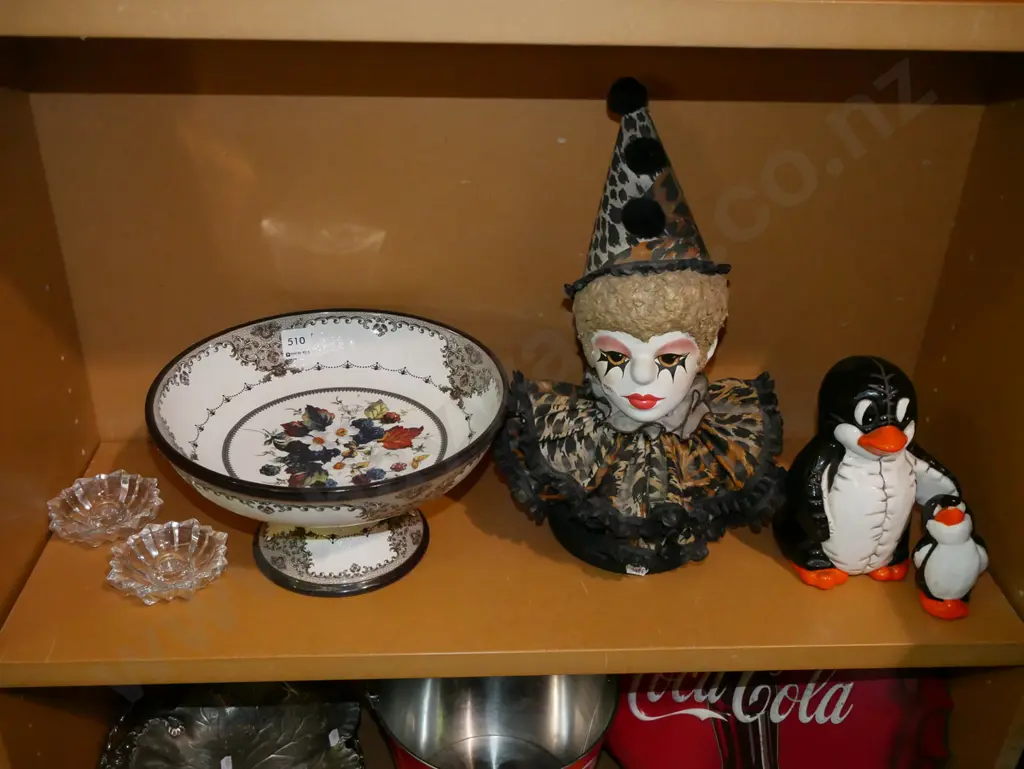 shelf; penguin figurines, clown figurine, large ceramic comport, candlesticks Image 1++