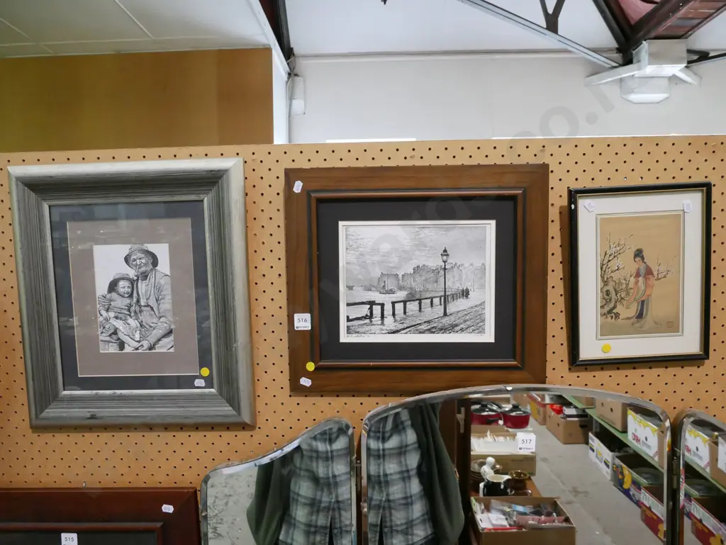 3x framed prints - man and child, city scape, oriental watercolour - yellow dots Image 1++
