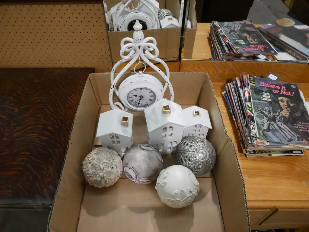 box; French themed mantle clock, candle lanterns ornamental balls Image 1++