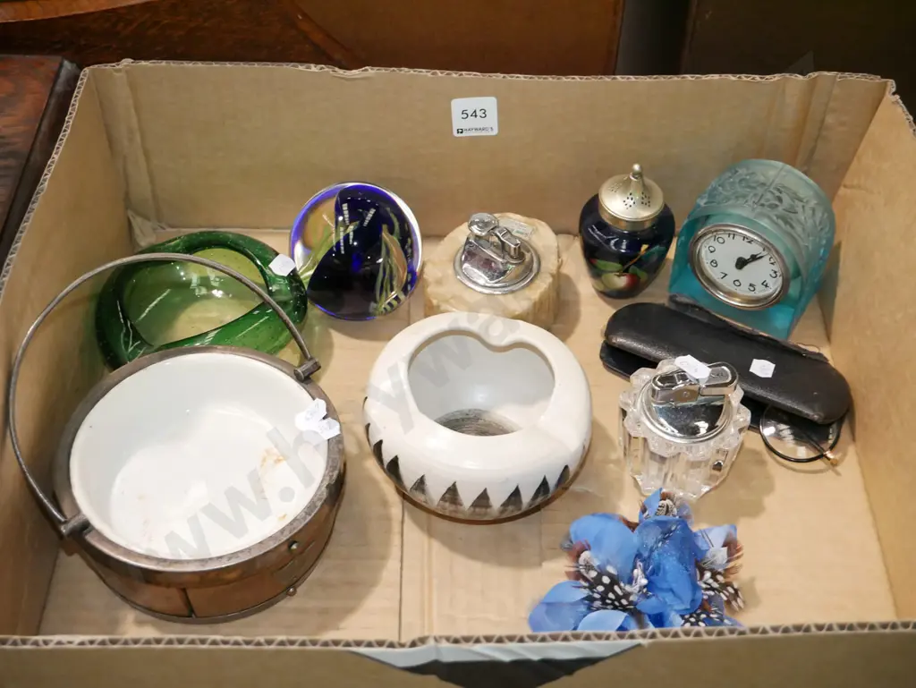 box; Hanmer ashtray, green glass ashtray, barrel basket, paper weight etc Image 1++