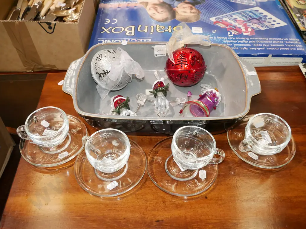 as-new Denby casserole, cups, saucers, Xmas tree decorations Image 1++