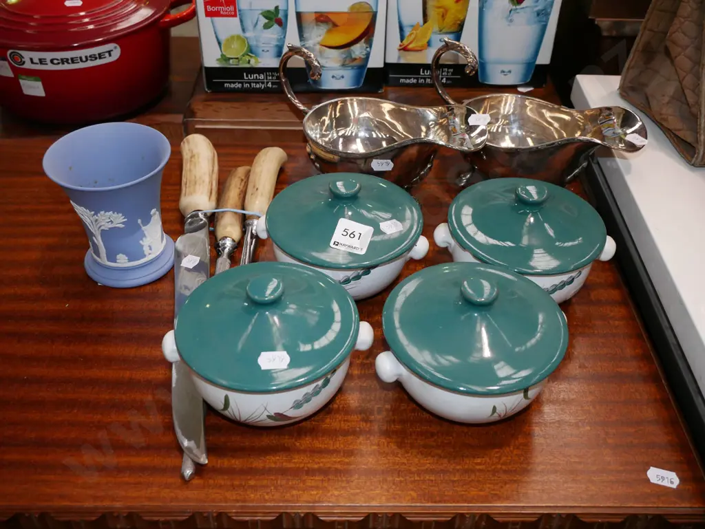 2x plated gravy boats, jasperware vase, soup bowls etc Image 1++