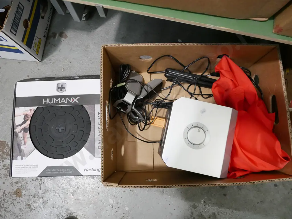 box; Dell computer speakers, flags, Humanx balance kit Image 1++