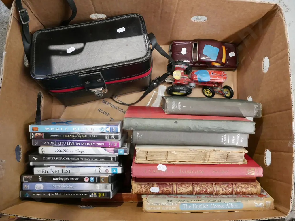 box; vintage books, DVDs, camera case Image 1++