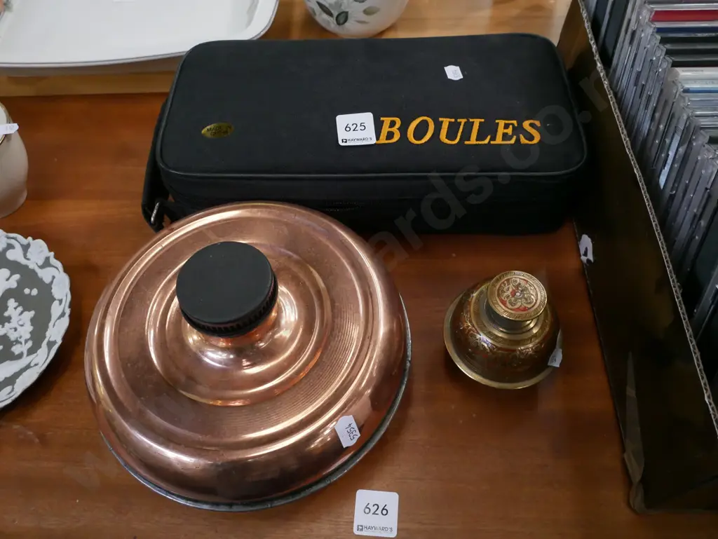 petanque set, copper hot water bottle, brass bell Image 1++