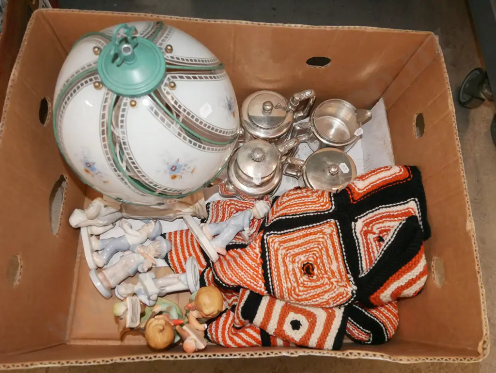 box; table lamp, plated ware, crochet blanket etc Image 1++