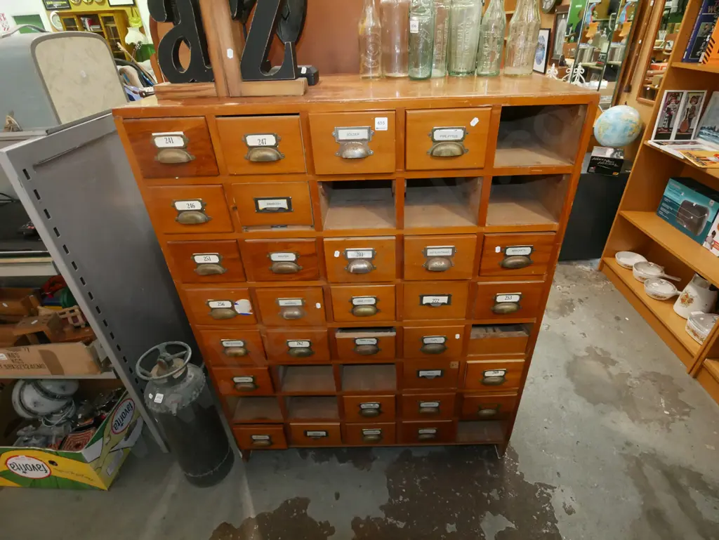 restorer's solid rimu index card cabinet - should have 40 drawers, missing 9 drawers - some damage Image 1++