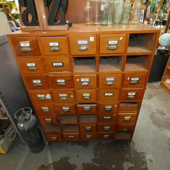 restorer's solid rimu index card cabinet - should have 40 drawers, missing 9 drawers - some damage