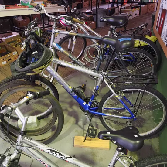 Huffy mountain bike with carrier and helmet, gloves