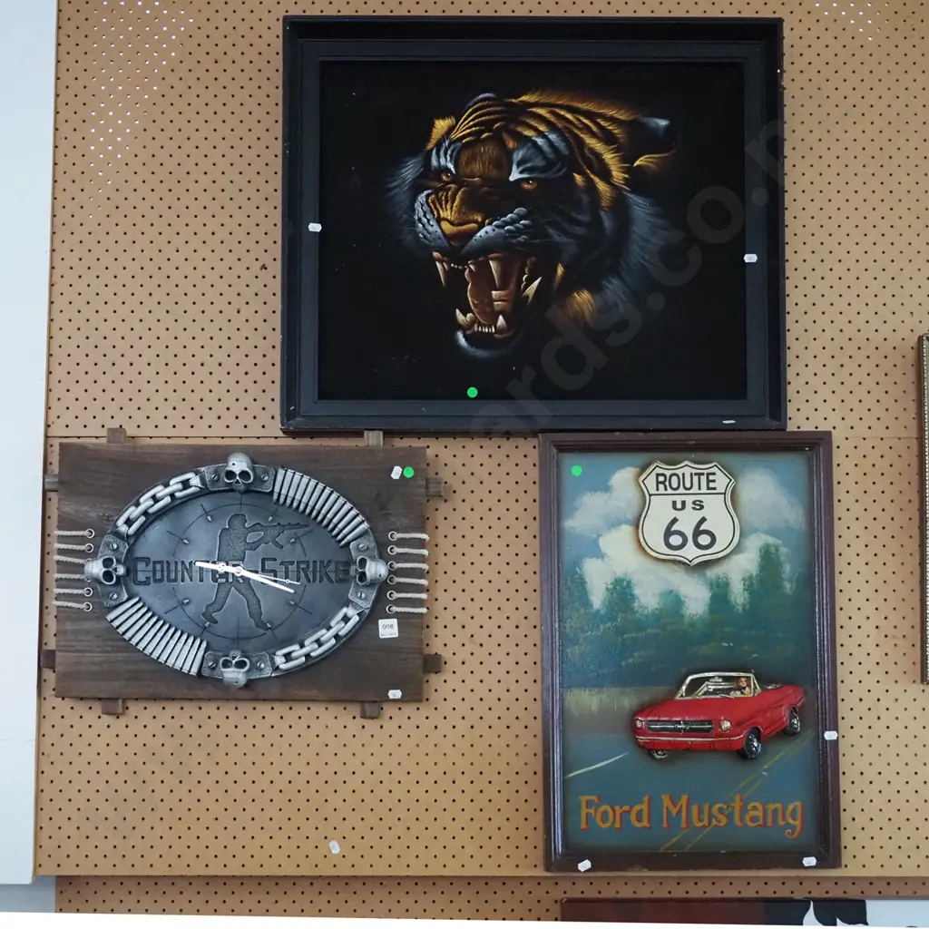 framed tiger painting on velvet, framed 3D Mustang on board, Counter Strike clock - green dots Image 1++