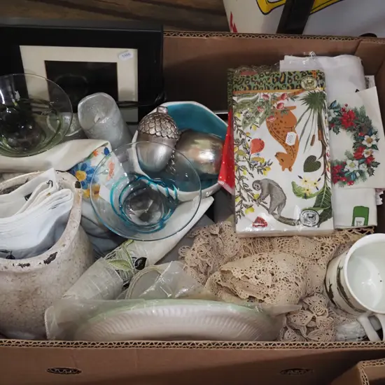 box; table linen, cups, jug etc