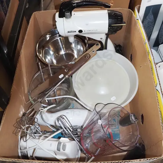box; Sunbeam Mix Master, utensils, stick blender etc