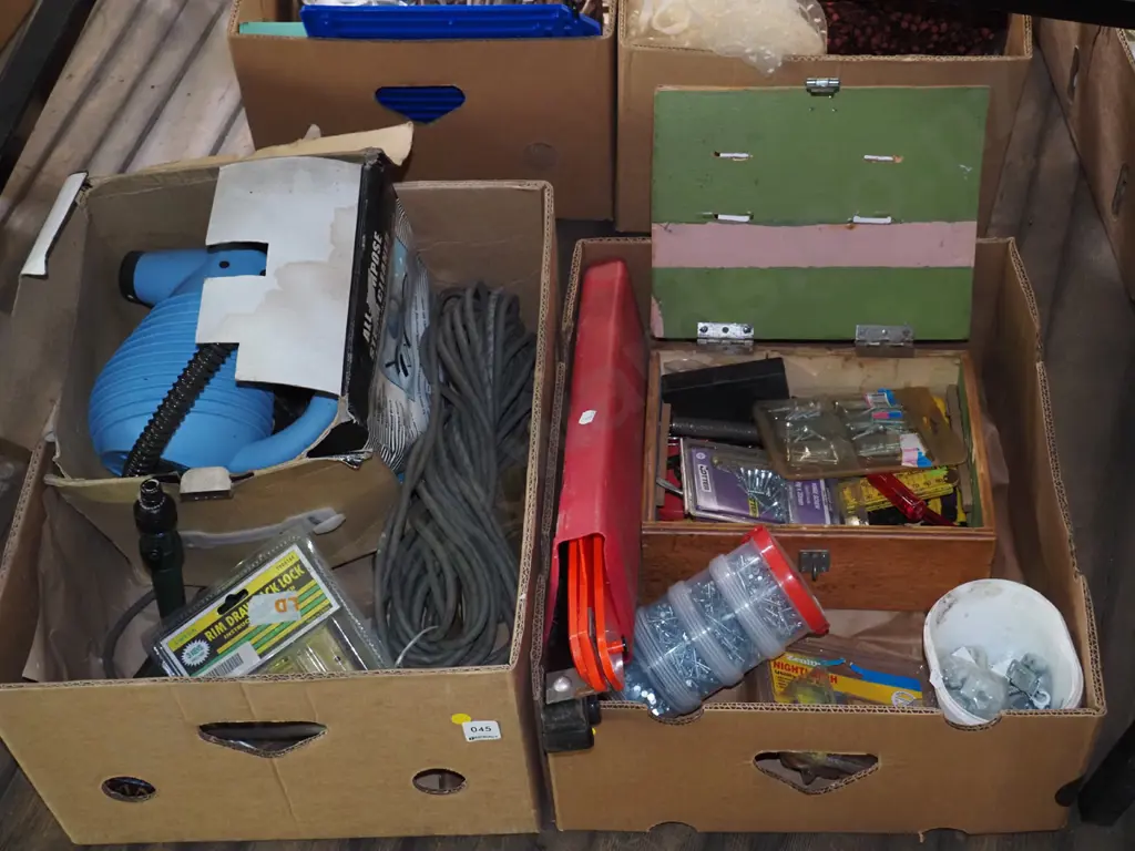 2 boxes; cupboard hardware, screws, nails, steamer, extension cord etc - yellow dots Image 1++