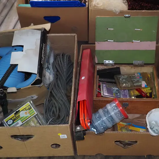 2 boxes; cupboard hardware, screws, nails, steamer, extension cord etc - yellow dots