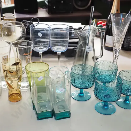 jug, assorted glasses