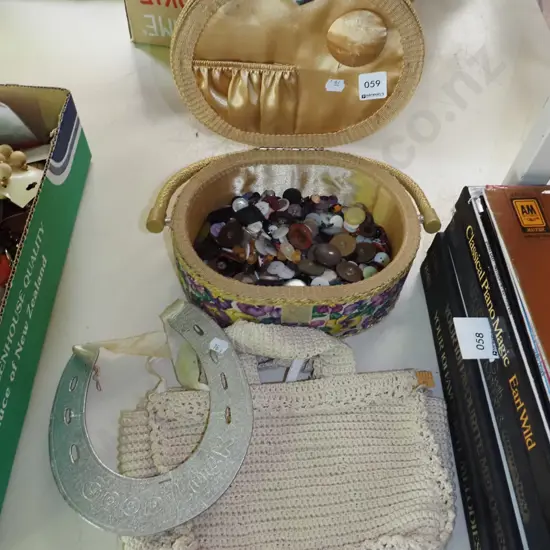 sewing box; buttons, crochet purse
