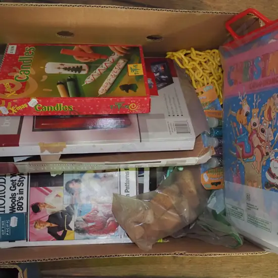 box; sewing and knitting patterns, corks, photo albums etc