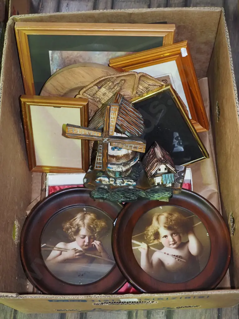 box; cutlery, cherub prints, windmill ornament etc Image 1++
