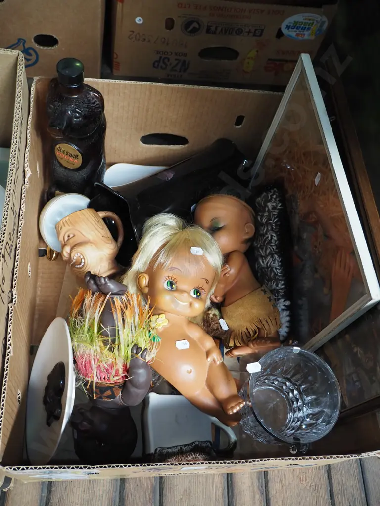 box; dolls, prints, vodka bottle etc Image 1++