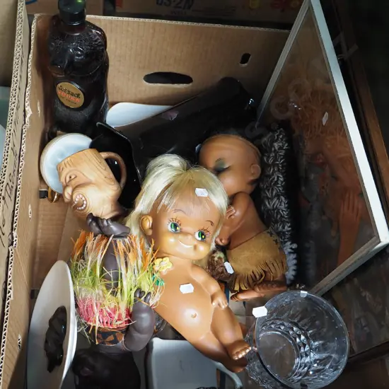 box; dolls, prints, vodka bottle etc