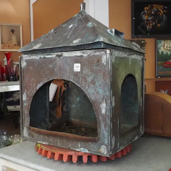 unusual metal bird house? with wooden foundry form base H-550