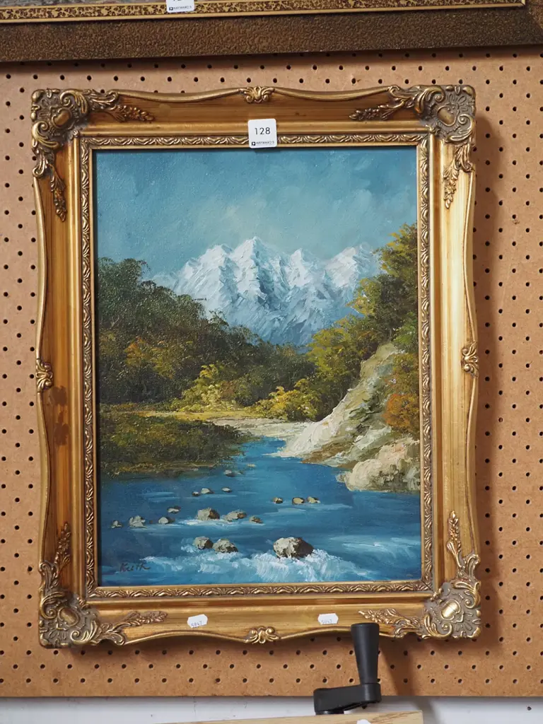 gilt framed oil - stream and mountain scene Image 1++