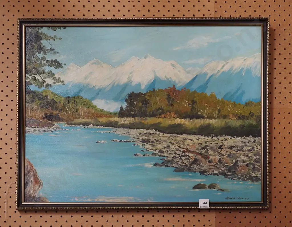 Kenneth Godfrey framed oil - river and mountain scene Image 1++