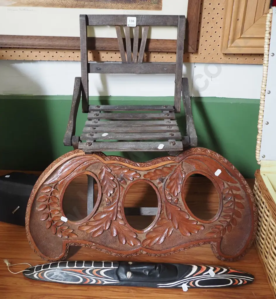 foldaway child's chair, souvenir mask, heavy carved triptych photo frame Image 1++