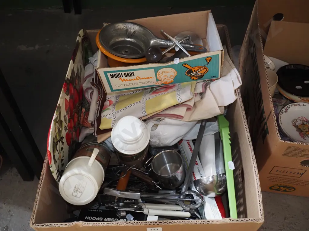 box; kitchenalia, table cloths etc Image 1++