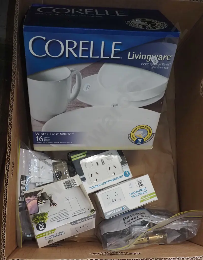 box; as-new 16 piece dinner set, double usb power points, door hardware Image 1++