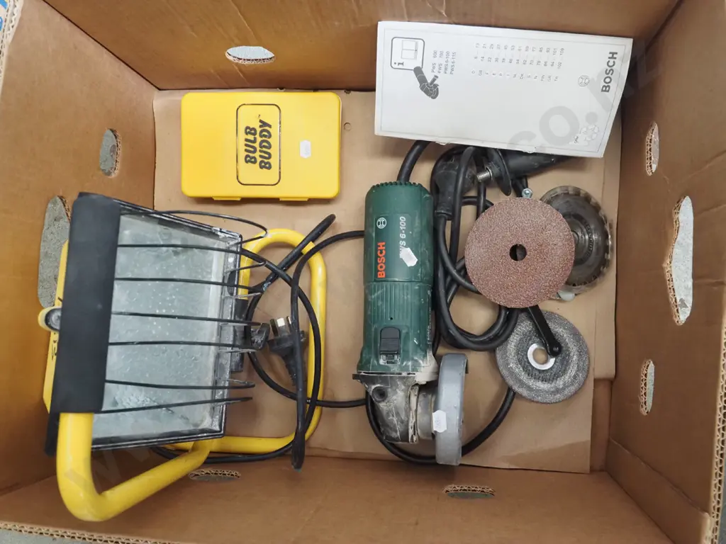 box; angle grinder, halogen lamp, box of halogen bulbs Image 1++