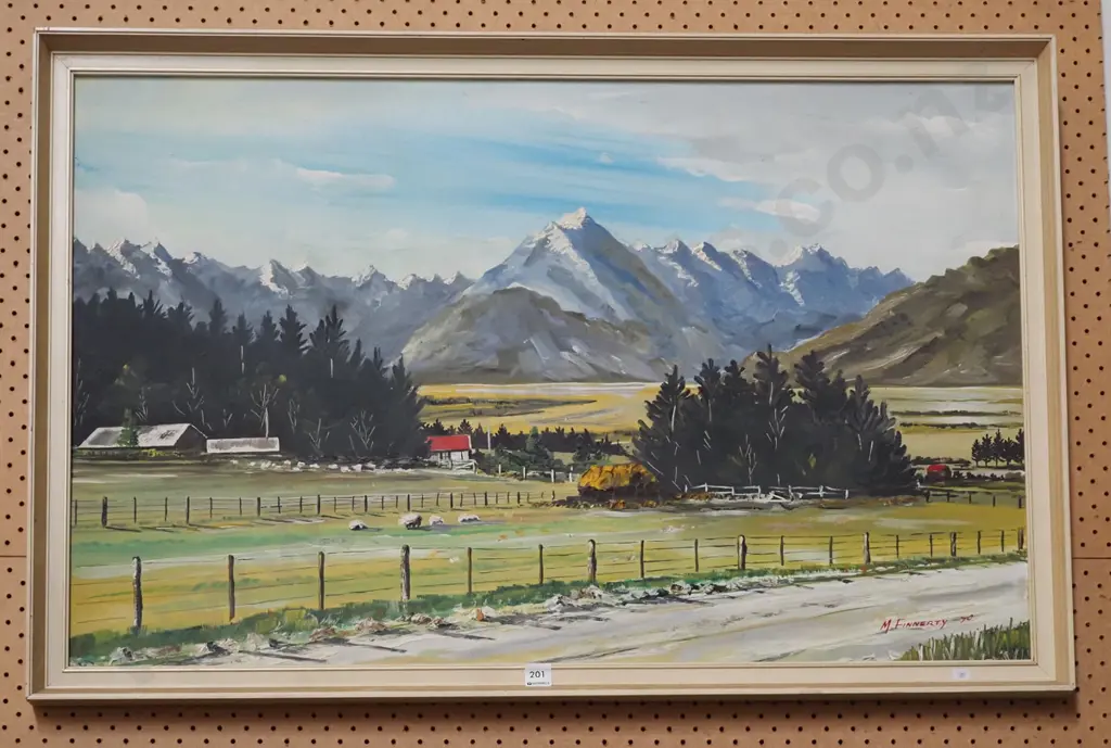 M Finnerty 1970 - framed oil - landscape and mountain scene Image 1++