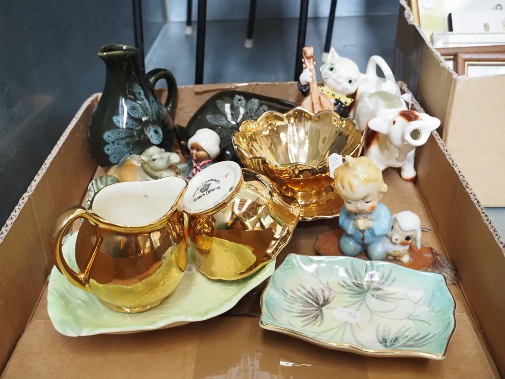 box; figurines, cow creamer, Royal Winton lotus bowl etc Image 1++