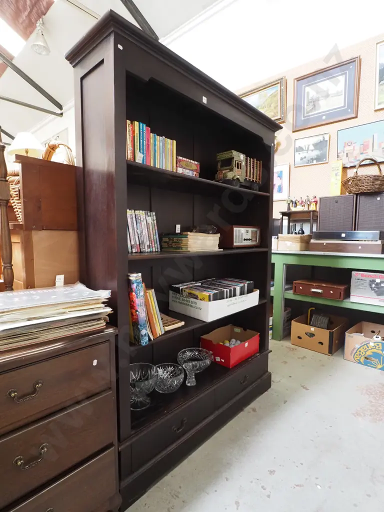 dark stained wooden bookcase with 2 drawers in base Image 1++