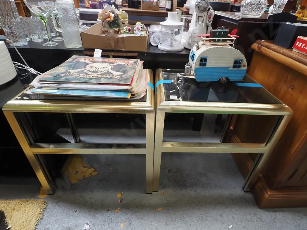 pair of brass and smoked glass end tables Image 1++